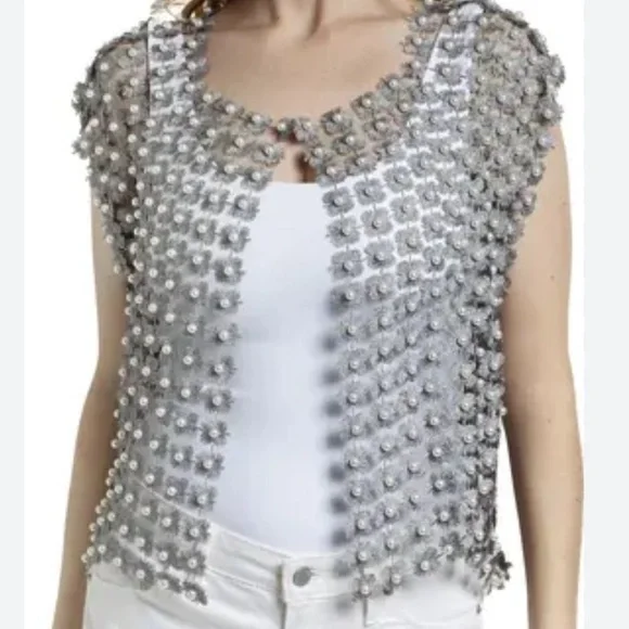 Anthropologie Floral Pearl Silver Top - Picture 2 of 7